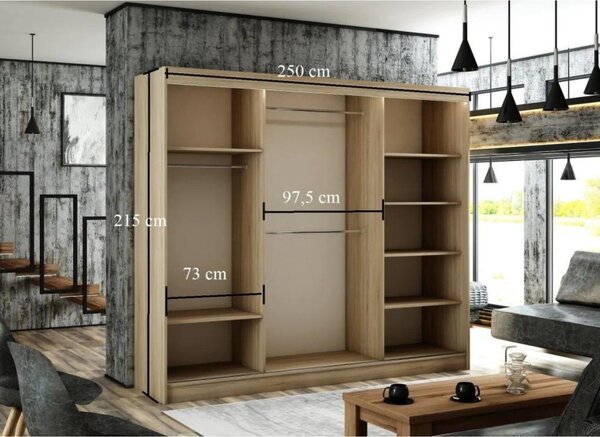 Kvalitní Šatní Skříň Velis 250 cm Dub Sonoma Bílá