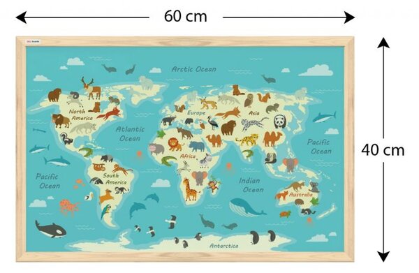 Allboards,Magnetický obraz- mapa světa zvířat pro děti 60x40cm v přírodním dřevěném rámu,TM64D_00060