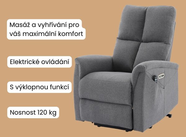 Vikio Relaxační masážní křeslo s vyhříváním šedá látka AKR104S