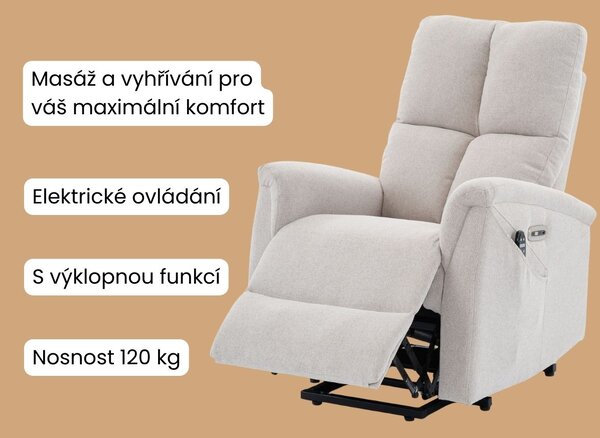 Vikio Relaxační masážní křeslo vyhřívané krémová látka AKR104K