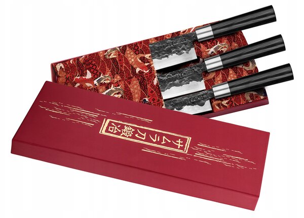 SADA 3 KUCHYŇSKÝCH NOŽŮ SAMURA BLACKSMITH: NŮŽ SANTOKU, NAKIRI, UNIVERZÁLNÍ