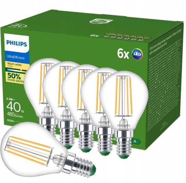 LED žárovka E14 PHILIPS Kulka 2,3W = 40W 210lm/W 2700K Teplá BÍLÁ Třída A 6 ks