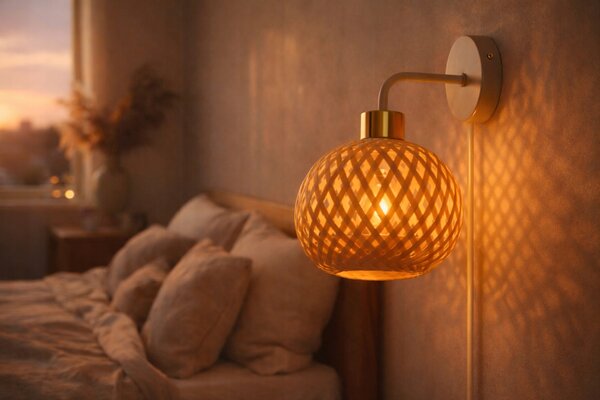 Nástěnná lampa s vypínačem a zástrčkou béžová zlatá E27 BOHO nad zrcadlo do ložnice