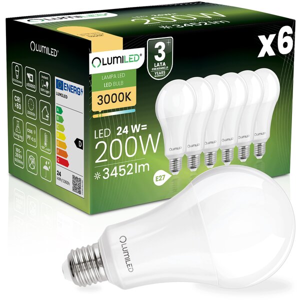 6x LED ŽÁROVKA E27 A67 24W = 200W 3452lm 3000K TEPLÁ 260° LUMILED