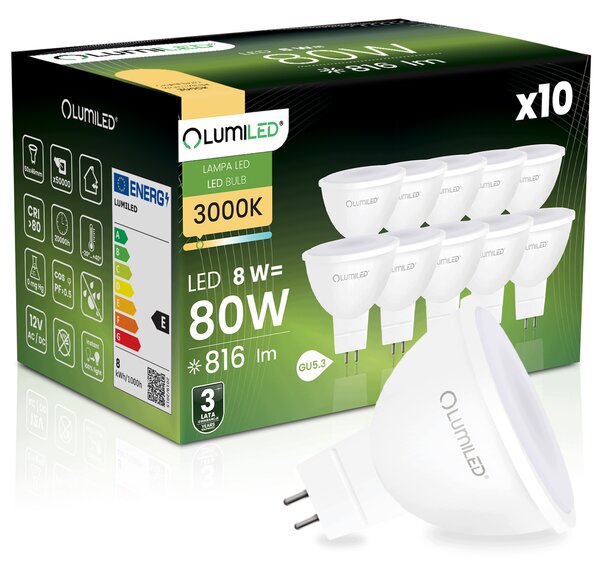 10x LED žárovka GU5.3 reflektor MR16 8W = 80W 816lm 3000K 120° 12V LUMILED