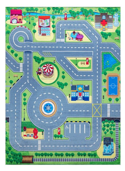 Dětský koberec protiskluzový BAMBINO 9028 město, zelený / šedý