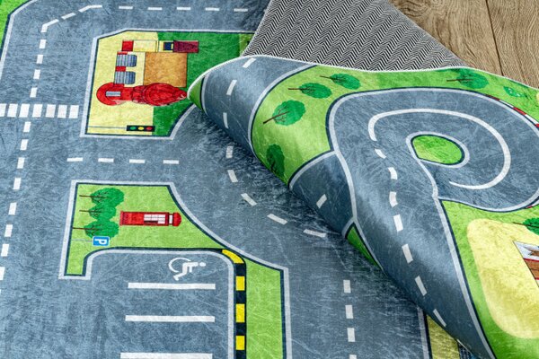 Dětský koberec protiskluzový BAMBINO 9028 město, zelený / šedý