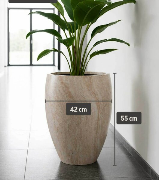 Květináč s kamenným vhledem OVOLO, sklolaminát, výška 55 cm, béžový