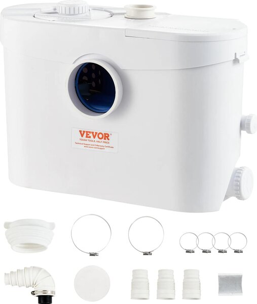 Zvedací jednotka VEVOR, 700 W, prtok 9600 l/h, výtlaný výkon 10 m, macerátorové erpadlo odpadní vody se 3 pívody vody pro WC, sklep, kuchy, umyvadlo, vanu, odtok odpadní vody, myku nádobí
