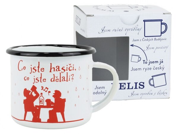 BELIS Smaltovaný hrnek ø 8 cm - 0.35 l bílý "hasiči/co jste hasiči" v krabičce - ČESKÝ PLECHÁČEK - 11008-039ODM04