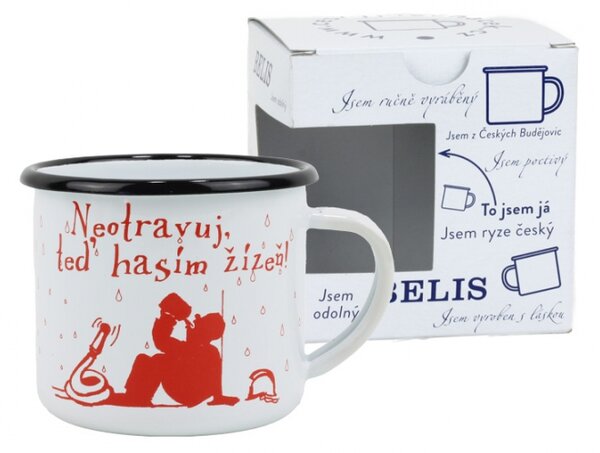 BELIS Smaltovaný hrnek ø 8 cm - 0.35 l bílý "hasiči/žízeň" v krabičce - ČESKÝ PLECHÁČEK - 11008-039OFM04