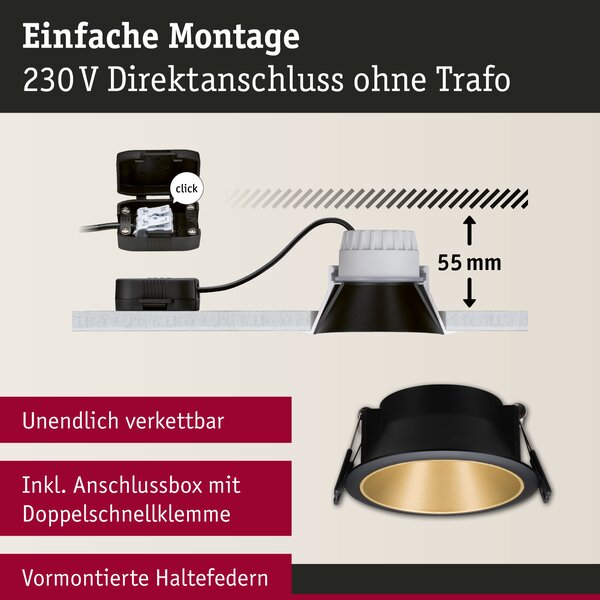 Paulmann 93404 Cole Coin, set bodovek v černo-zlaté úpravě, 3x6W LED 2700K tříkrokové stmívání, prům. 8,8cm, IP44