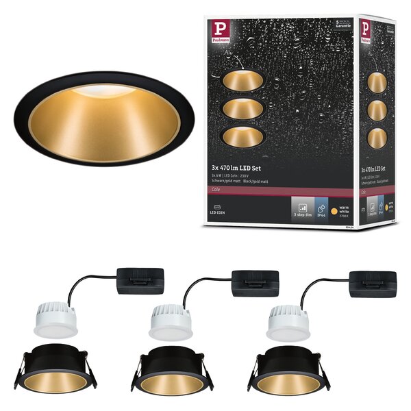 Paulmann 93404 Cole Coin, set bodovek v černo-zlaté úpravě, 3x6W LED 2700K tříkrokové stmívání, prům. 8,8cm, IP44