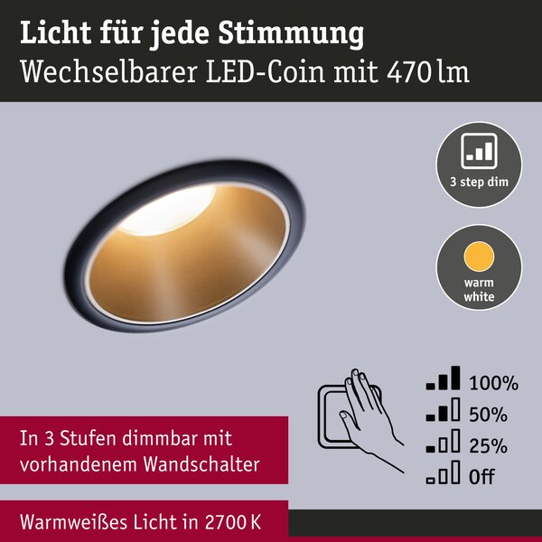 Paulmann 93404 Cole Coin, set bodovek v černo-zlaté úpravě, 3x6W LED 2700K tříkrokové stmívání, prům. 8,8cm, IP44