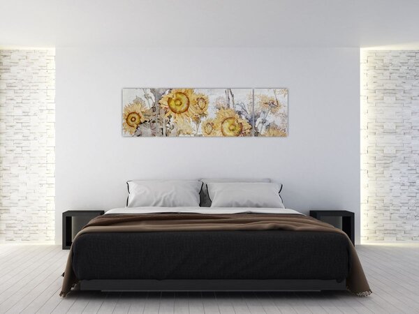 Obraz - Slunečnice ve zdi (170x50 cm)