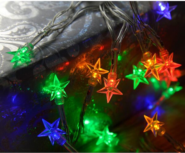 Vnitřní LED vánoční řetěz s hvězdičkami - různobarevná, průhledný kabel, 3m