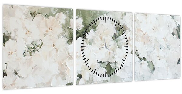 Obraz - Abstrakce bílých květů (s hodinami) (90x30 cm)