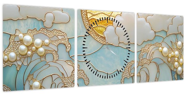 Obraz - 3D perly v oceánu (s hodinami) (90x30 cm)