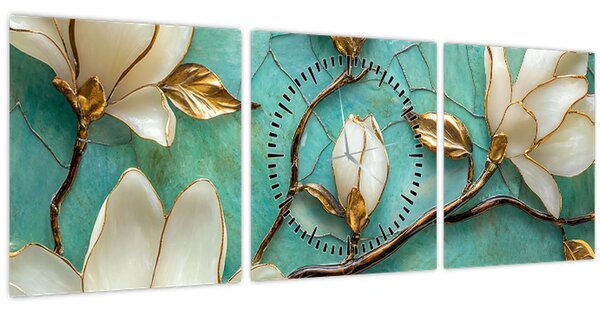 Obraz - 3D magnólie (s hodinami) (90x30 cm)