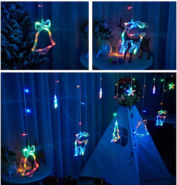 Vnitřní LED vánoční závěs - sob, stromeček, zvoneček, 3m, 138 LED, různé barvy na výběr Barva: Různobarevná