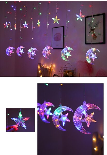 Vnitřní LED vánoční závěs - Hvězdička v náručí měsíce, 3m, 138 LED Barva: Různobarevná