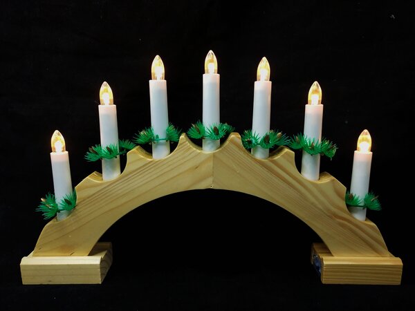 Vánoční dřevěný svícen, přírodní dřevo, 7 svíček, teplá bílá, na baterie