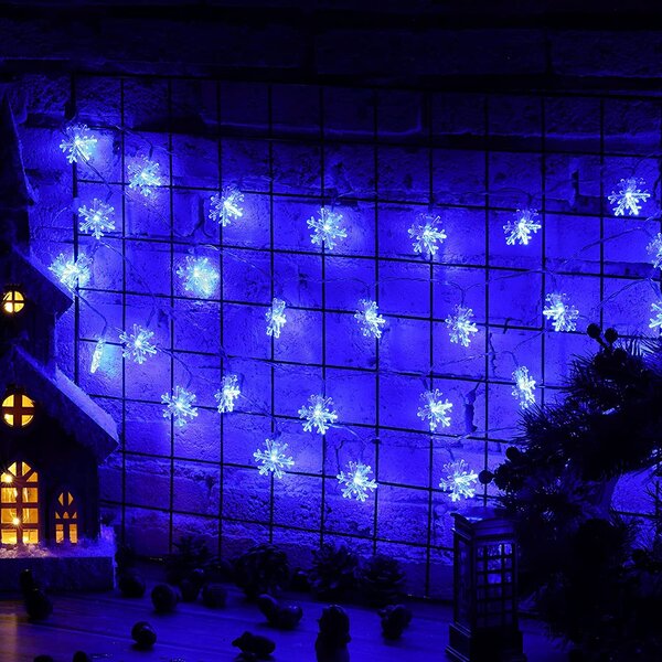 Vnitřní LED vánoční řetěz se sněhovými vločkami, modrá, 3m, 28 LED