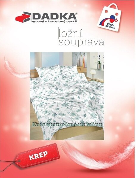 DADKA Krepové povlečení Kvítí mentolové na bílém podkladu 140x200, 70x90 cm