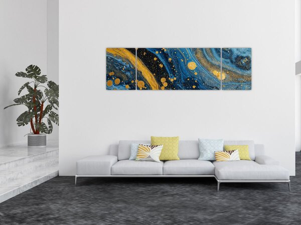 Obraz - Modrá abstrakce se zlatem (170x50 cm)