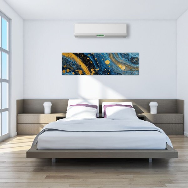 Obraz - Modrá abstrakce se zlatem (170x50 cm)