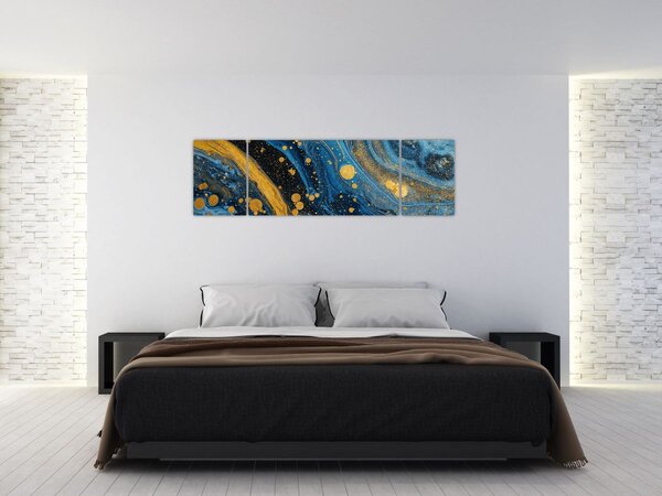 Obraz - Modrá abstrakce se zlatem (170x50 cm)