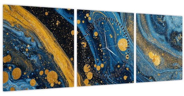 Obraz - Modrá abstrakce se zlatem (s hodinami) (90x30 cm)
