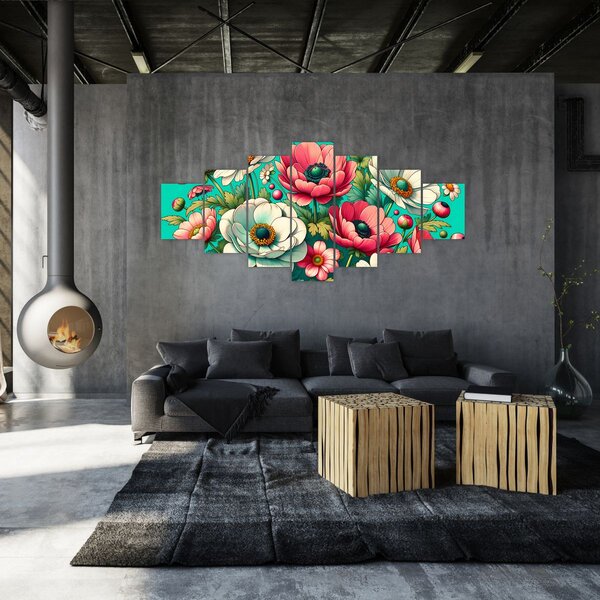 Obraz - Květy na modrém pozadí (210x100 cm)