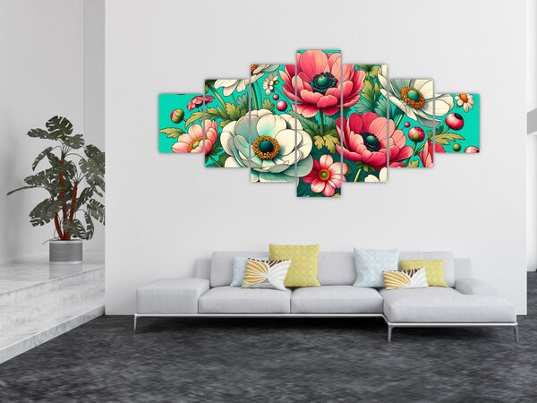 Obraz - Květy na modrém pozadí (210x100 cm)
