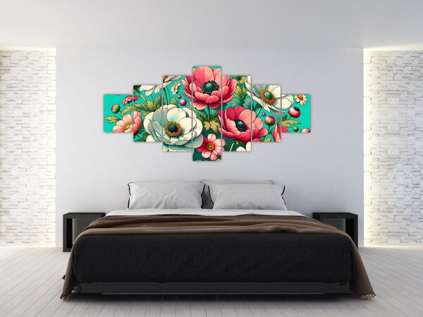 Obraz - Květy na modrém pozadí (210x100 cm)