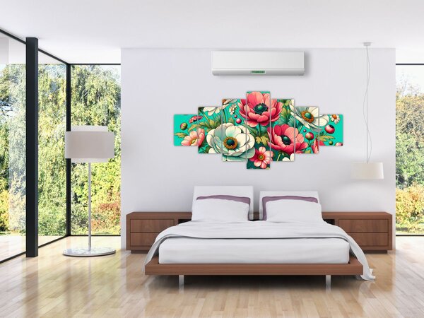 Obraz - Květy na modrém pozadí (210x100 cm)