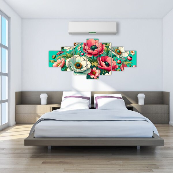 Obraz - Květy na modrém pozadí (210x100 cm)