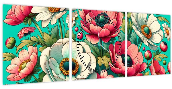 Obraz - Květy na modrém pozadí (s hodinami) (90x30 cm)