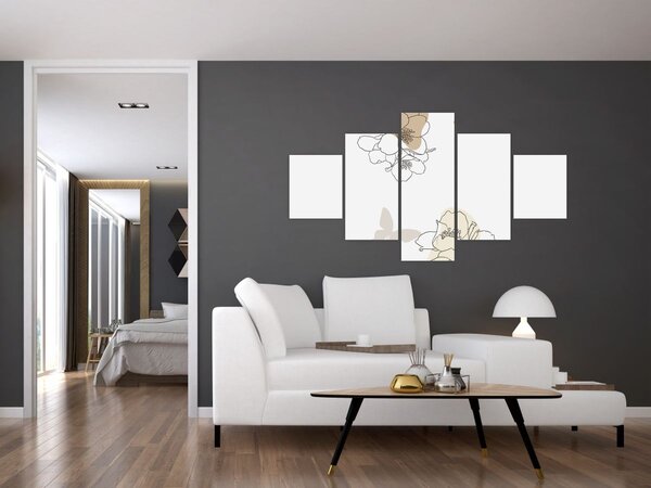 Obraz - Béžové květy s motýlem N⁰2 (125x70 cm)