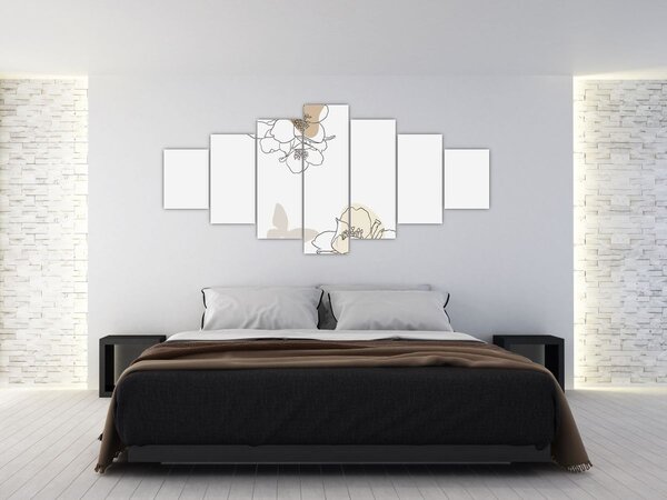 Obraz - Béžové květy s motýlem N⁰2 (210x100 cm)