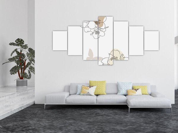 Obraz - Béžové květy s motýlem N⁰2 (210x100 cm)