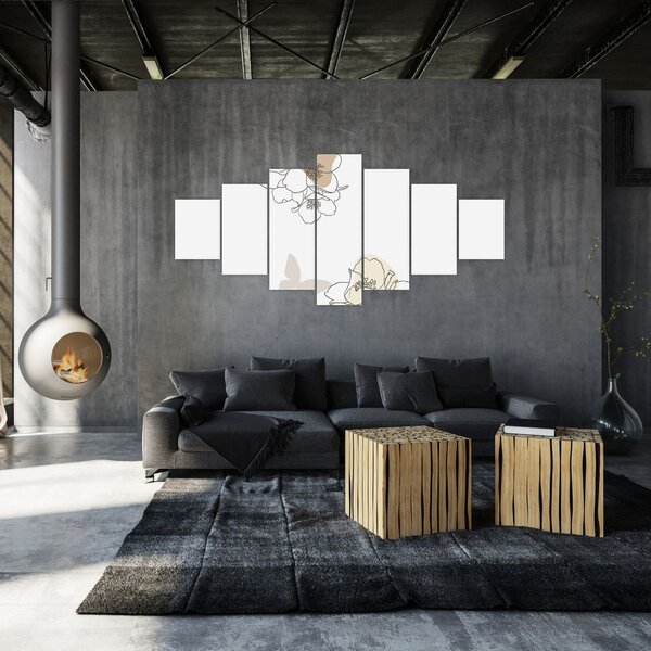 Obraz - Béžové květy s motýlem N⁰2 (210x100 cm)