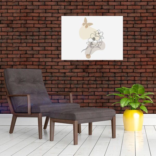 Obraz - Béžové květy s motýlem N⁰3 (70x50 cm)