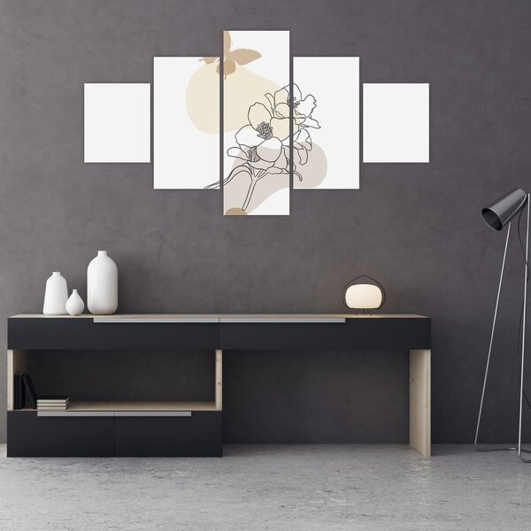 Obraz - Béžové květy s motýlem N⁰3 (125x70 cm)