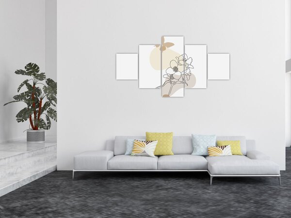 Obraz - Béžové květy s motýlem N⁰3 (125x70 cm)