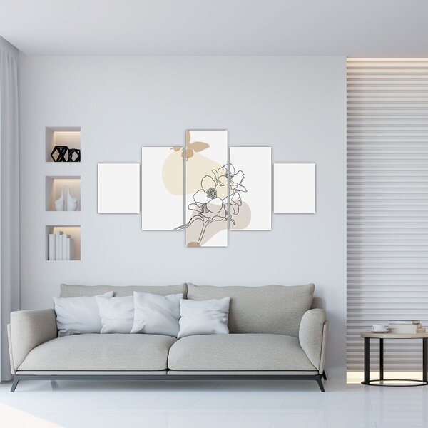 Obraz - Béžové květy s motýlem N⁰3 (125x70 cm)