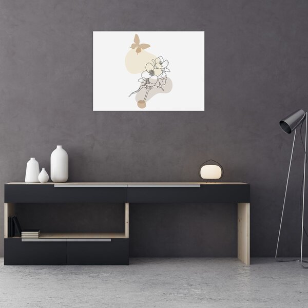 Obraz - Béžové květy s motýlem N⁰3 (70x50 cm)