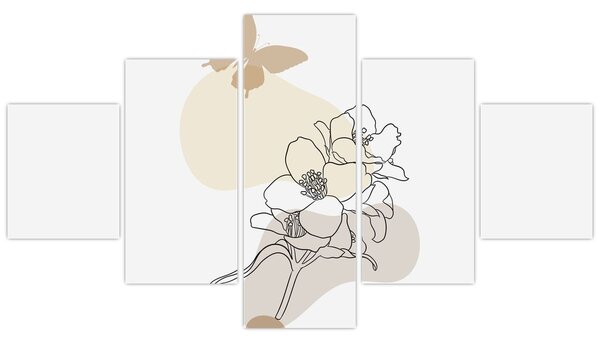 Obraz - Béžové květy s motýlem N⁰3 (125x70 cm)