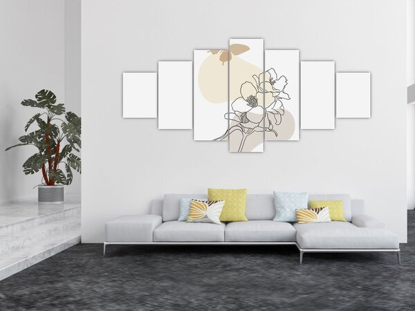 Obraz - Béžové květy s motýlem N⁰3 (210x100 cm)