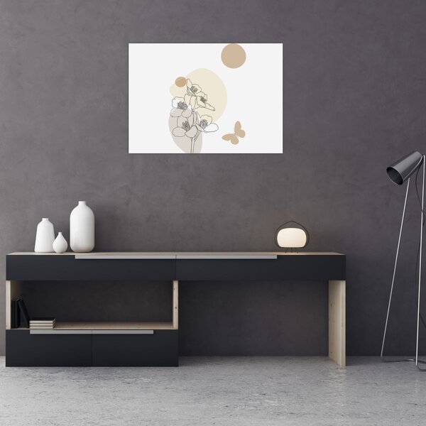 Obraz - Béžové květy s motýlem N⁰4 (70x50 cm)